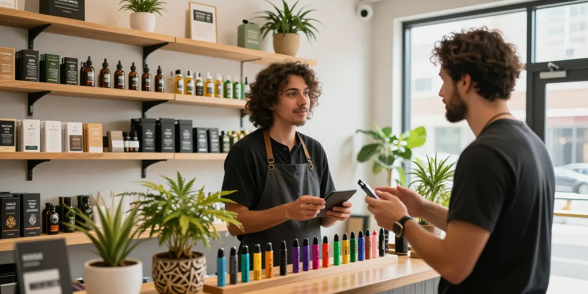 Muha Meds products displayed in a vibrant cannabis shop with a friendly budtender assisting a customer.