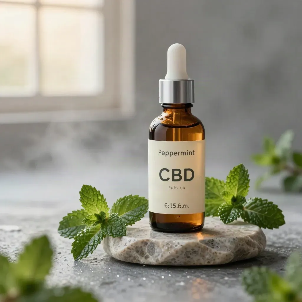 Peppermint CBD tincture bottle on wet stone with mint sprigs and misty dawn light