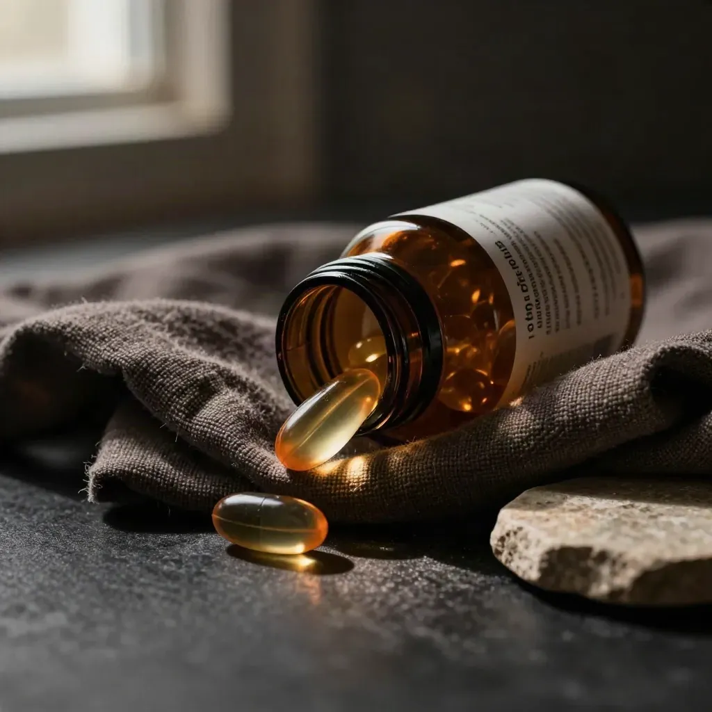Dark softgel bottle half-sunk in linen with capsules, stone coaster, and moody shadowed folds.