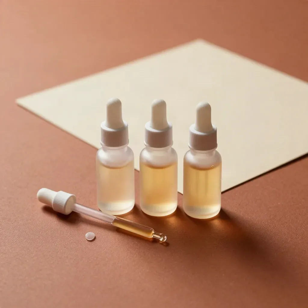 Three small tincture bottles aligned in a fan with a pipette and cream stone chip