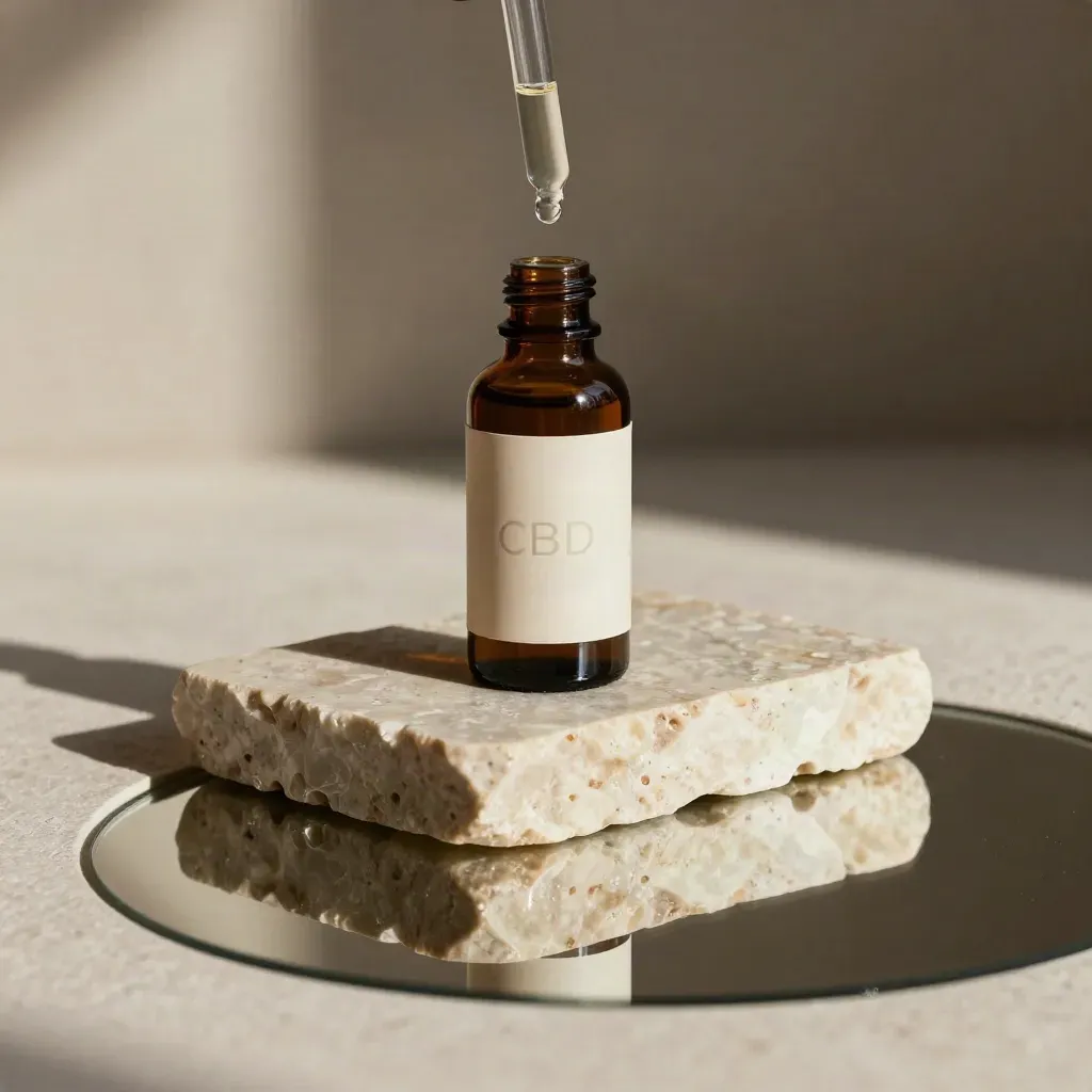 Dark CBD tincture bottle with pipette over reflective pool beside travertine stone.