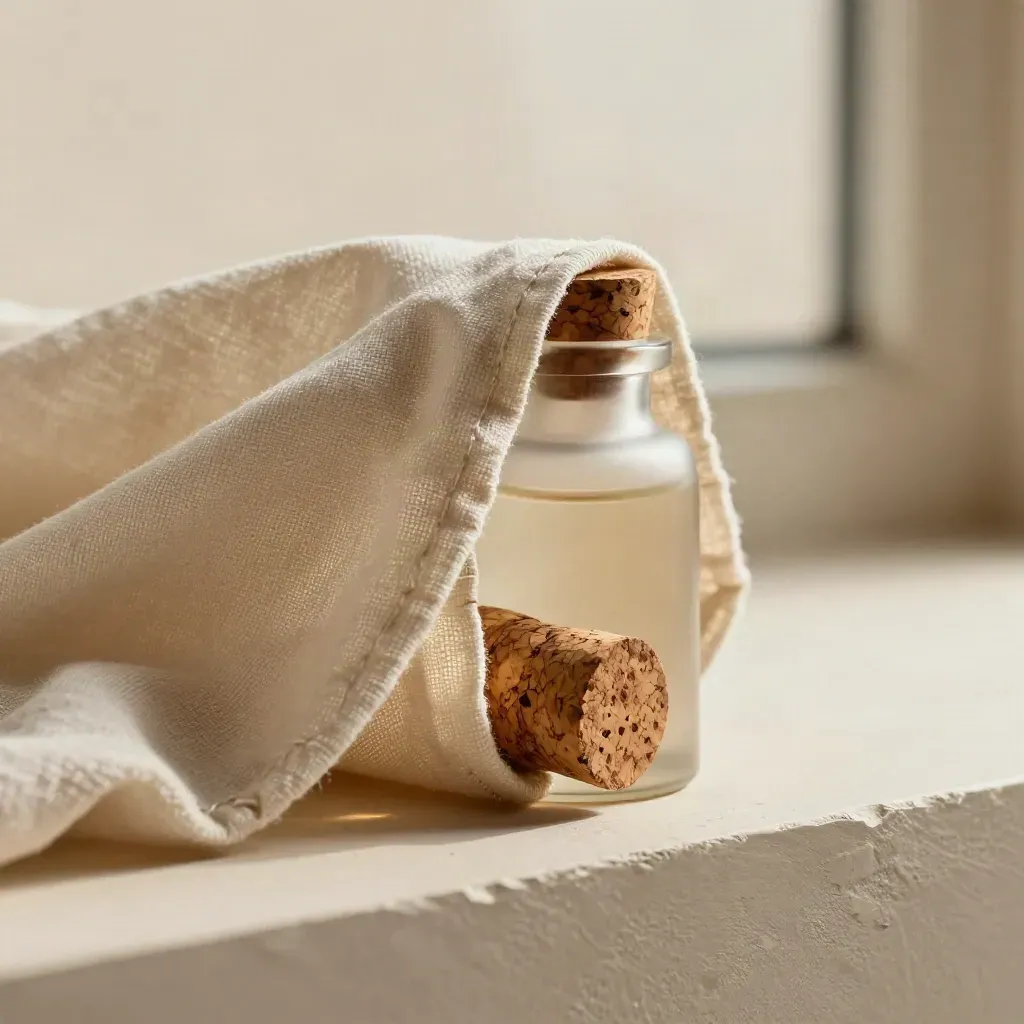 Cream cloth reveals a cork-stopped tincture bottle with glass dropper, lit in warm side light.
