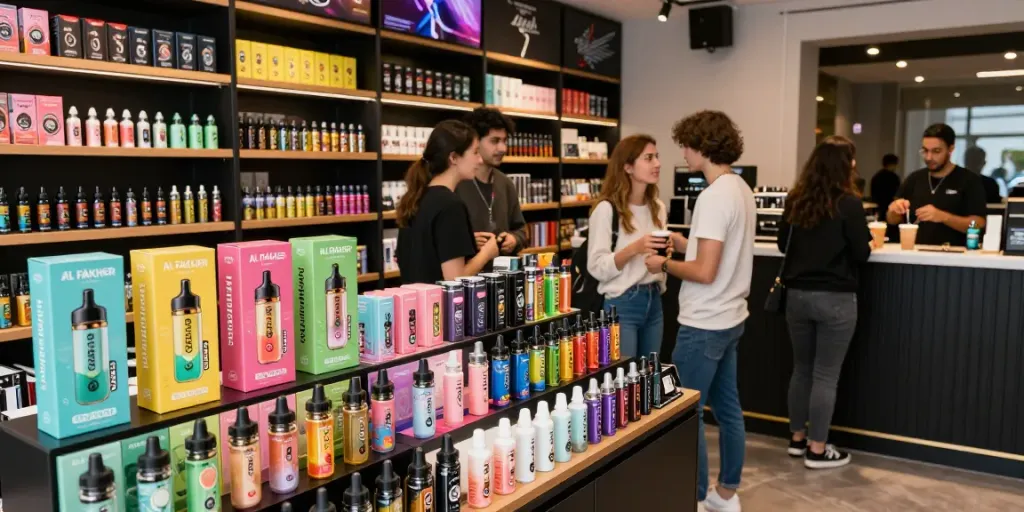Al Fakher Doppelapfel Vape 8000 in einem modernen Vape-Shop, umgeben von verschiedenen Aromen und zufriedenen Kunden.